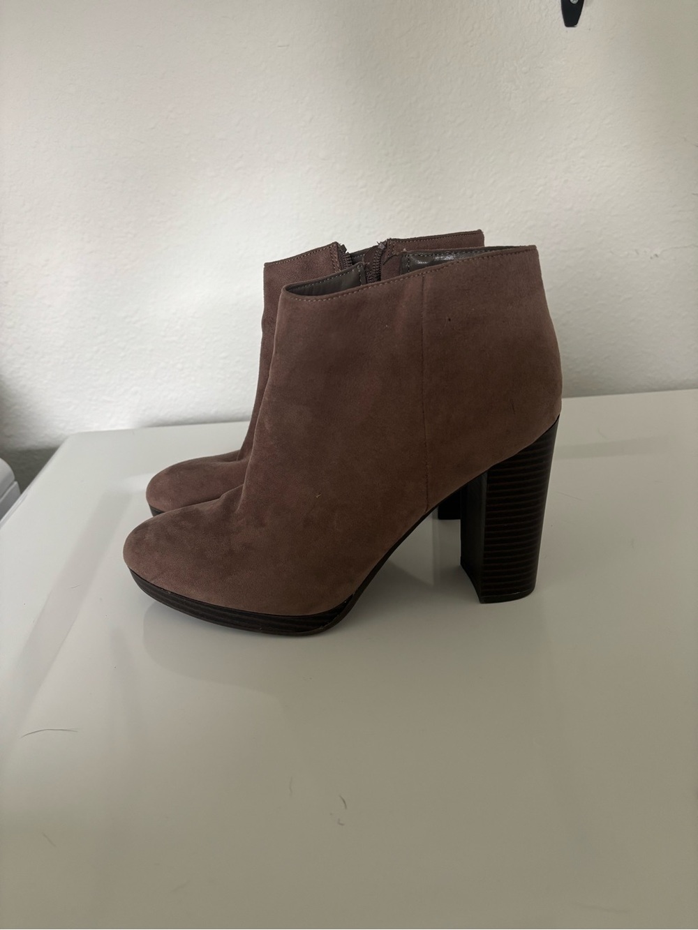 LC Lauren Conrad Brown Suede Ankle Booties with Stacked Heel